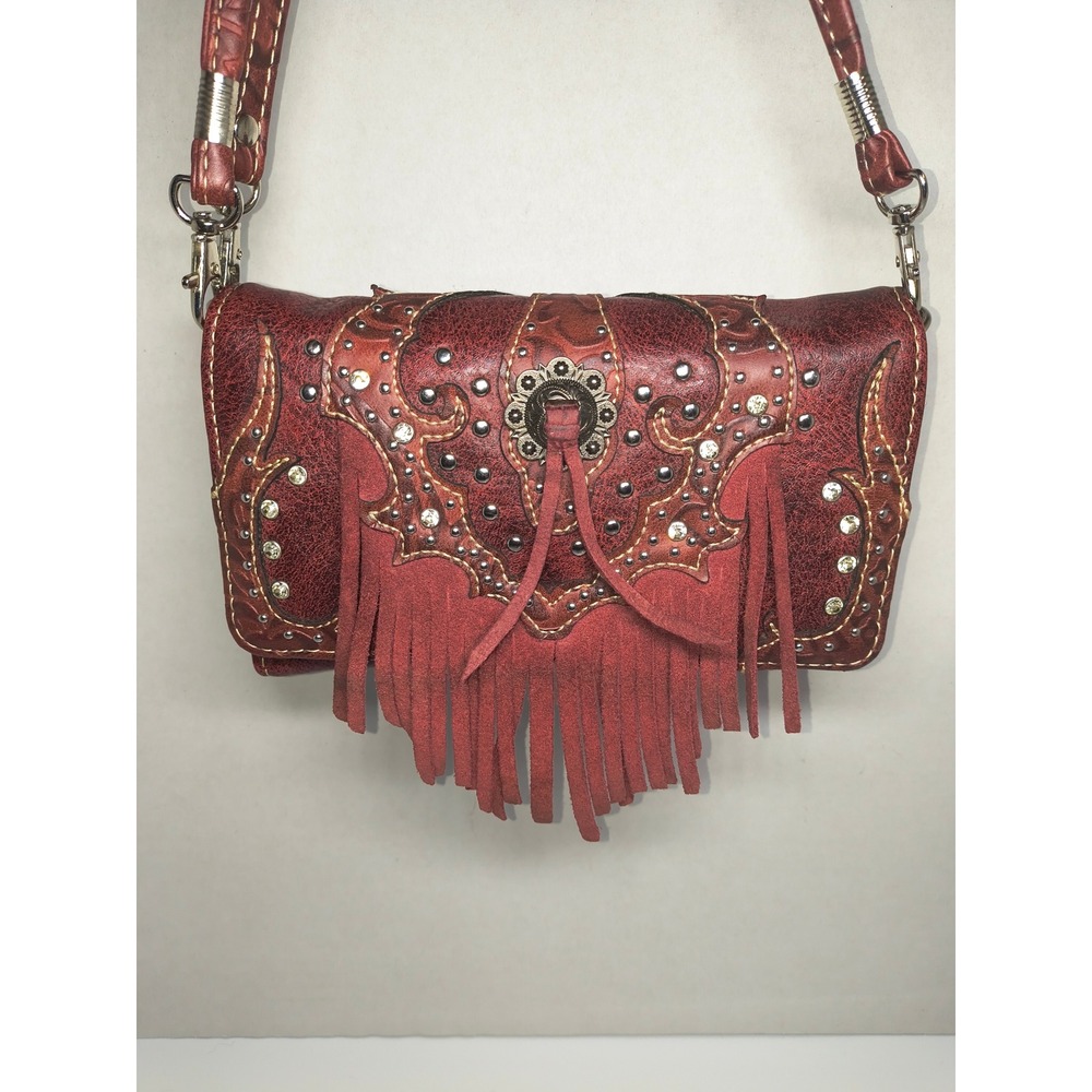 Western Burgundy Tooled Faux Leather Fringe Crossbody Wallet Clutch Studded Bag